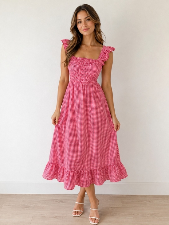 Sim & Sam Dresses & Skirts - Pink Gingham Smocked Midi Dress with Ruffle Straps